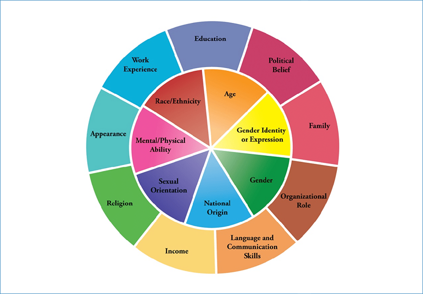 Multi-colored wheel graphic. Segments in the inner wheel are labelled: Age; Gender Identity or Expression; Gender; National Origin; Sexual Orientation; Mental/Physical Ability; Race/Ethnicity. Segments in the outer wheel are labelled: Education; Political Belief; Family; Organizational Role; Language and Communication Skills; Income; Religion; Appearance; Work Experience.