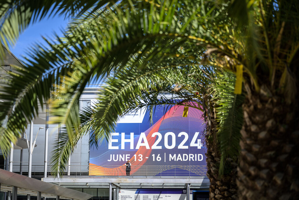 A large EHA2024 sign with palm tree branches in front of it.