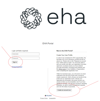 The EHA Portal log-in page. Arrows point to the 'Sign in' and 'Create an account now' buttons. The buttons are also circled. Select to open a larger image.