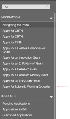 The left-hand menu in the EHA Portal. An arrow points to the 'Apply for Scientific Working Group(s)' option. Select to open a larger image.