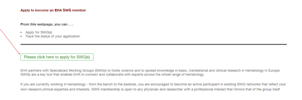 The SWG application page in the EHA Portal. An arrow points to the 'Apply for SWG(s)' button. Select to open a larger image.