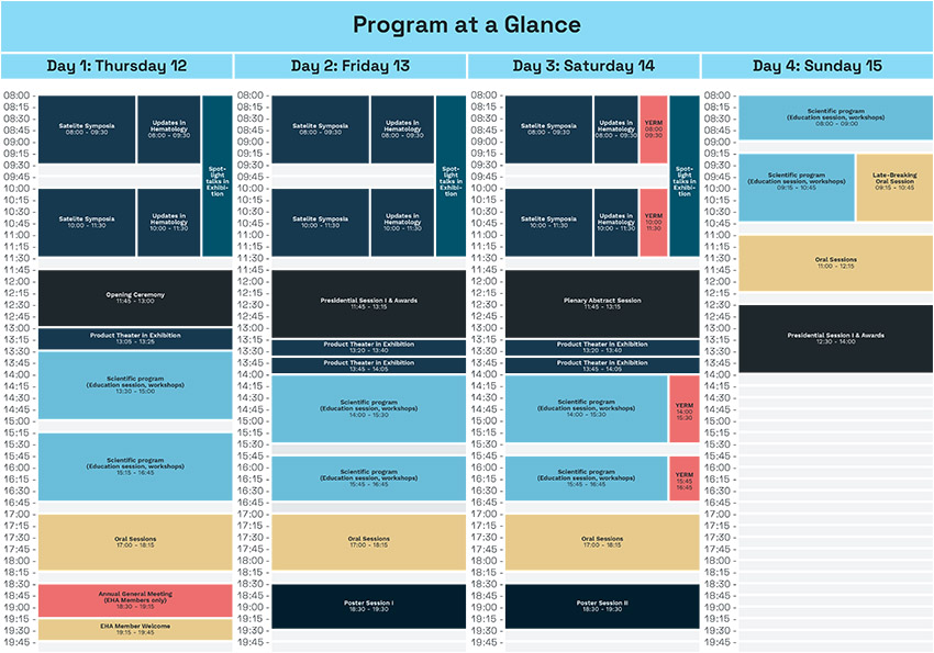 Page from the at-a-glance program featuring an overview of EHA2025 Congress events from 12–15 June, 2025.