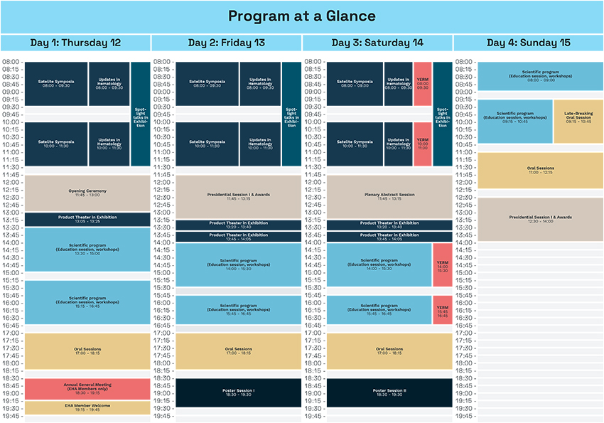 Page from the at-a-glance program featuring an overview of EHA2025 Congress events from 12–15 June, 2025.