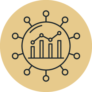 Graphic of multiple nodes connected to one large, central node. Inside the central node is a bar chart and graph.